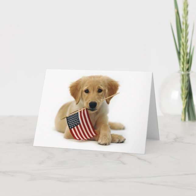 Golden Retriever Puppy and Flag Card (Front)