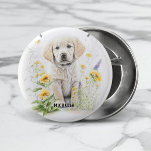 Golden Retriever Puppy and Florals Monogram Name 3 Cm Round Badge