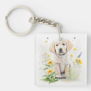 Golden Retriever Puppy and florals monogram name Key Ring