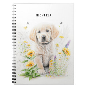 Golden Retriever Puppy and Florals Monogram Name Notebook