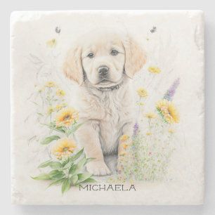 Golden Retriever Puppy and Florals Monogram Name Stone Coaster