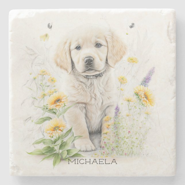 Golden Retriever Puppy and Florals Monogram Name Stone Coaster (Front)