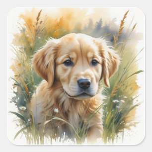Golden retriever puppy at sunset square sticker