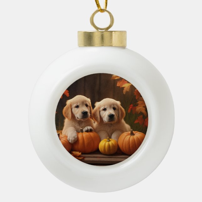 Golden Retriever Puppy Autumn Delight Pumpkin  Ceramic Ball Christmas Ornament (Front)