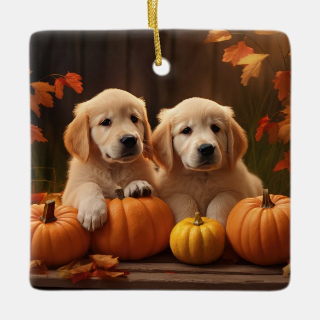 Golden Retriever Puppy Autumn Delight Pumpkin  Ceramic Ornament (Front)