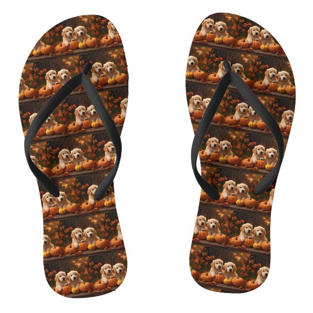 Golden Retriever Puppy Autumn Delight Pumpkin  Flip Flops (Footbed)