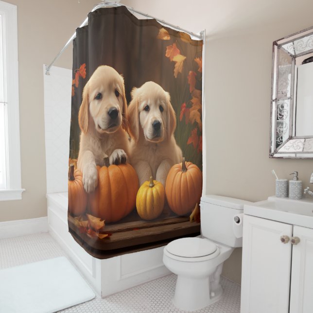 Golden Retriever Puppy Autumn Delight Pumpkin  Shower Curtain (In Situ)