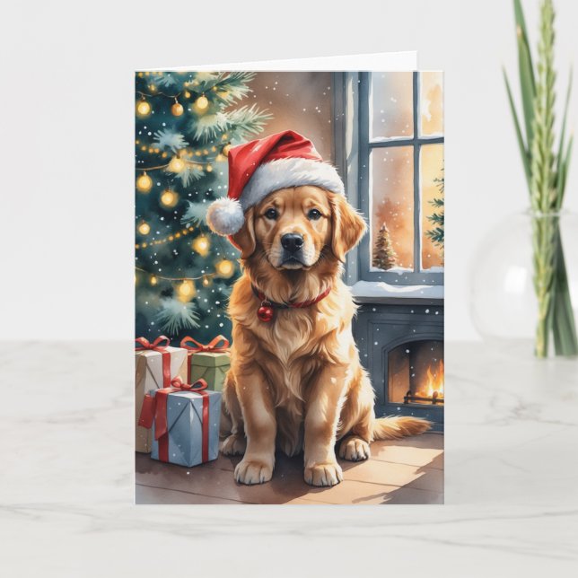 Golden Retriever Puppy by Christmas Tree Holiday Card (Front)
