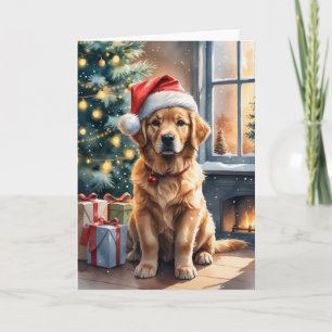 Golden Retriever Puppy by Christmas Tree Holiday Card
