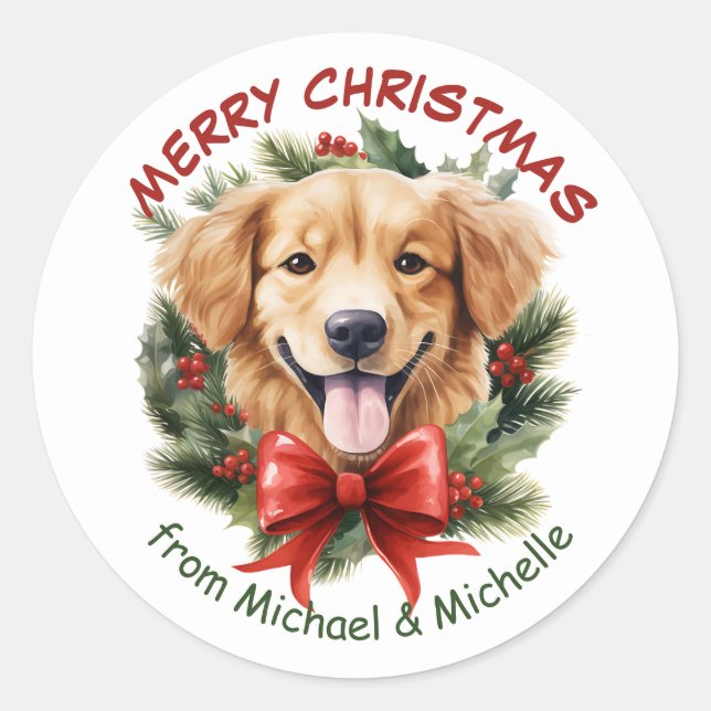 Golden Retriever Puppy Christmas Red Bow Wreath Classic Round Sticker (Front)