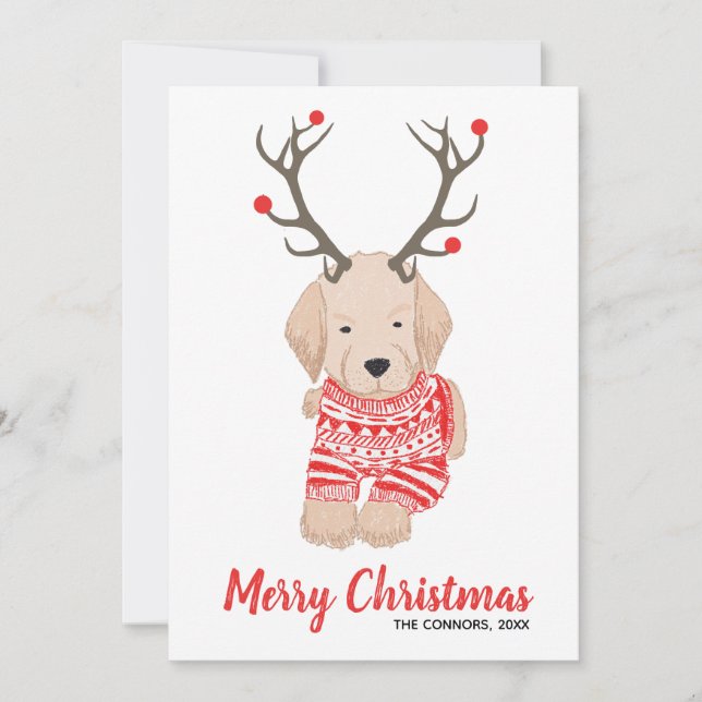 Golden Retriever Puppy Christmas Sweater Antlers Holiday Card (Front)