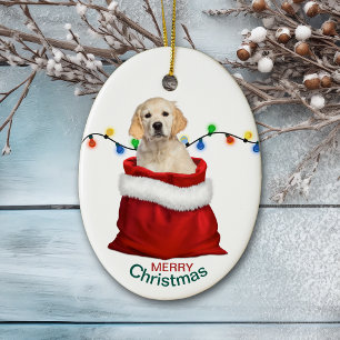 Golden Retriever Puppy Dog in Holiday Gift Bag Ceramic Tree Decoration
