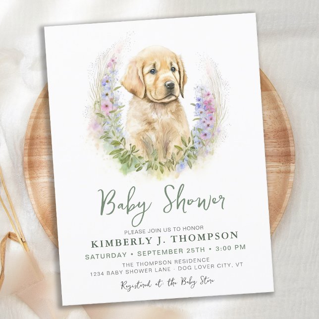Golden Retriever Puppy Dog Modern Baby Shower Invitation Postcard (Creator Uploaded)