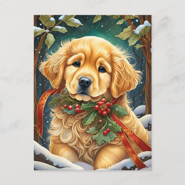 Golden Retriever Puppy Festive Holly Holiday Postcard (Front)