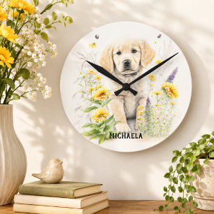 Golden Retriever Puppy Floral Personalised Name Round Clock