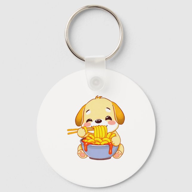 Golden Retriever puppy happily slurping Rabokki! Key Ring (Front)