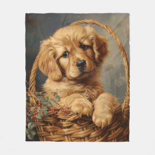 Golden Retriever Puppy in a Basket Fleece Blanket