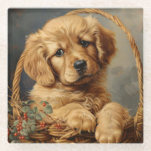 Golden Retriever Puppy in a Basket Glass Coaster