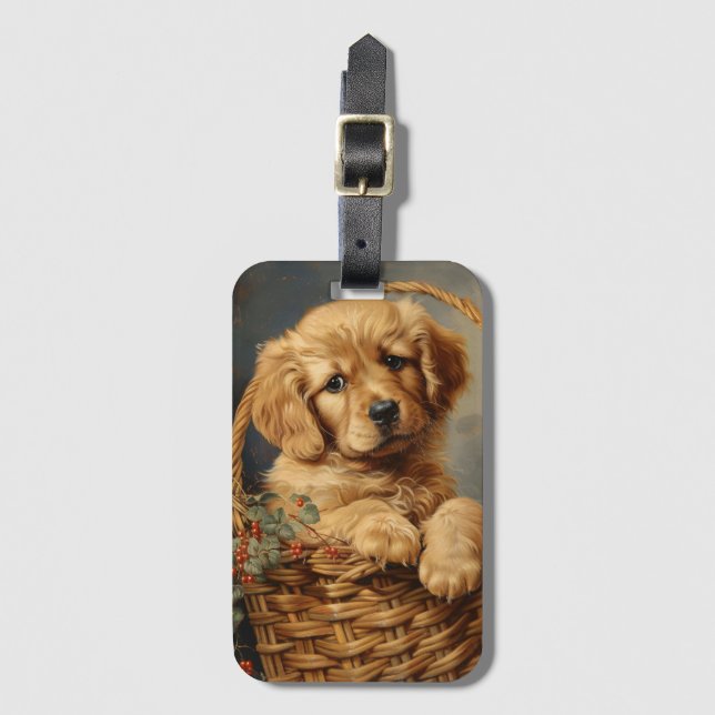 Golden Retriever Puppy in a Basket Luggage Tag (Front Vertical)