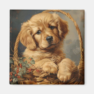 Golden Retriever Puppy in a Basket Magnet