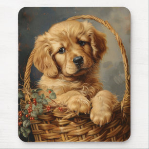 Golden Retriever Puppy in a Basket Mouse Mat