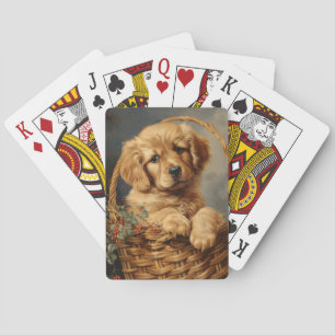 Golden Retriever Puppy in a Basket Playing Cards