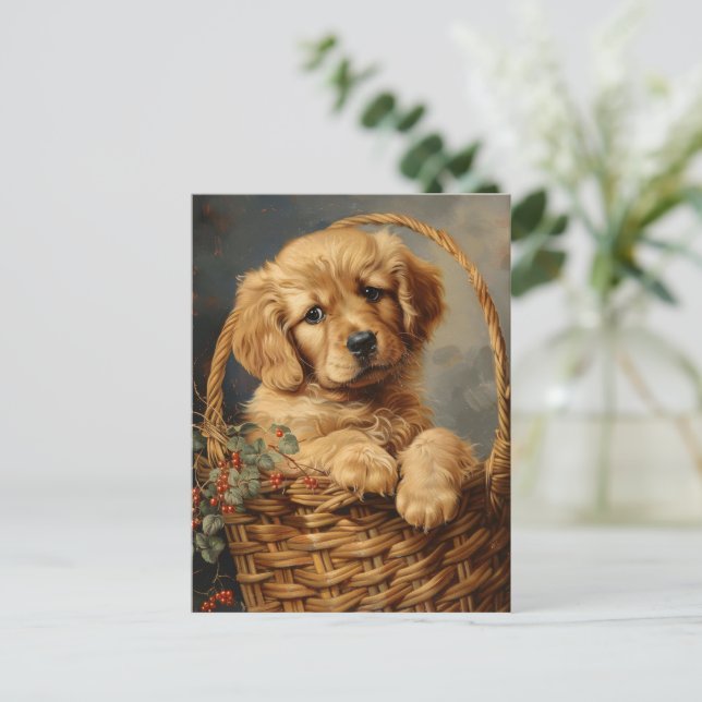 Golden Retriever Puppy in a Basket Postcard (Standing Front)