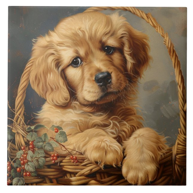 Golden Retriever Puppy in a Basket Tile (Front)