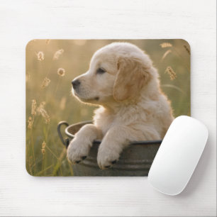 Golden Retriever Puppy in a Metal Bucket Mouse Mat