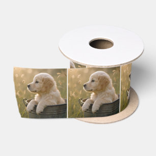 Golden Retriever Puppy in a Metal Bucket Satin Ribbon