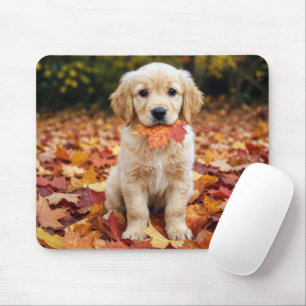 Golden Retriever Puppy in Autumn Leaves Mouse Mat