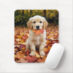 Golden Retriever Puppy in Autumn Leaves Mouse Mat
