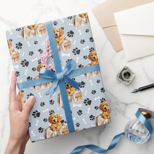 Golden Retriever Puppy in Basket Paw Print  Wrapping Paper (Gifting)