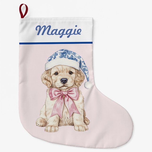 Golden Retriever Puppy in Blue Damask Santa Hat Large Christmas Stocking (Front)