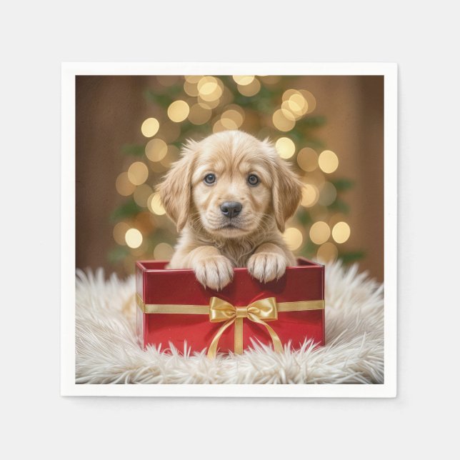 Golden Retriever Puppy in Christmas Box Napkin (Front)