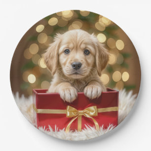 Golden Retriever Puppy in Christmas Box Paper Plate