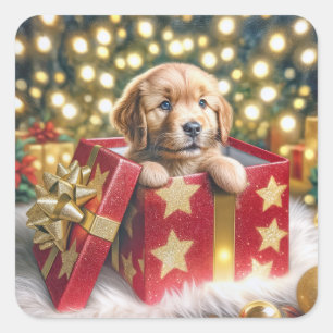 Golden Retriever Puppy in Christmas Box Square Sticker