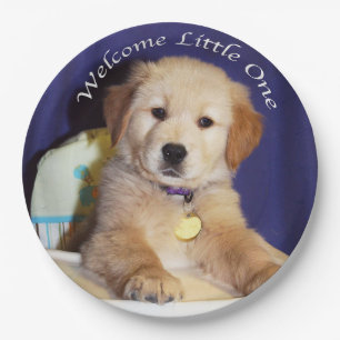 Golden Retriever Puppy in Highchair Baby Welcome Paper Plate