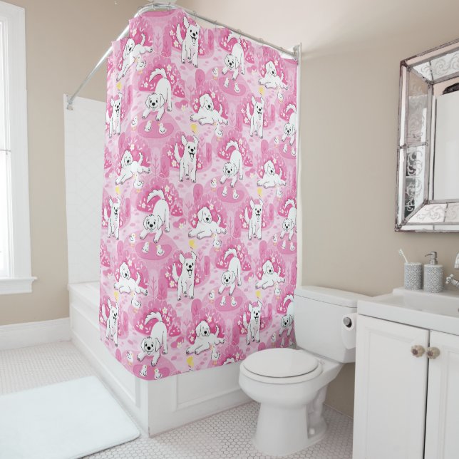 Golden Retriever Puppy in Pink Garden Shower Curtain (In Situ)