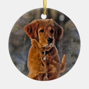 Golden Retriever Puppy in the Snow Ceramic Tree Decoration