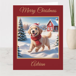 Golden Retriever Puppy on a Farm at Christmas Card
