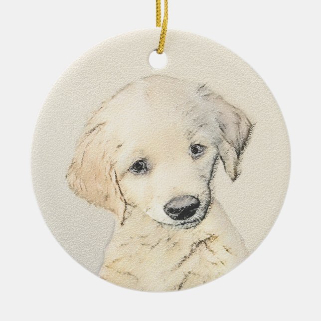 Golden Retriever Puppy Painting - Original Dog Art Ceramic Tree Decoration (Front)