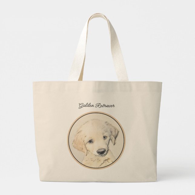 Golden Retriever Puppy Painting Original Dog Art Large Tote Bag (Back)