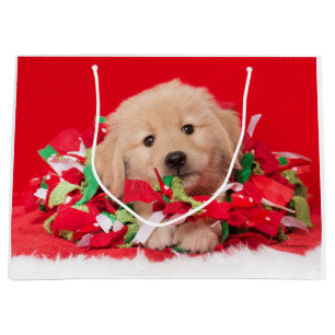 Golden Retriever Puppy Play in Holiday Garland Large Gift Bag