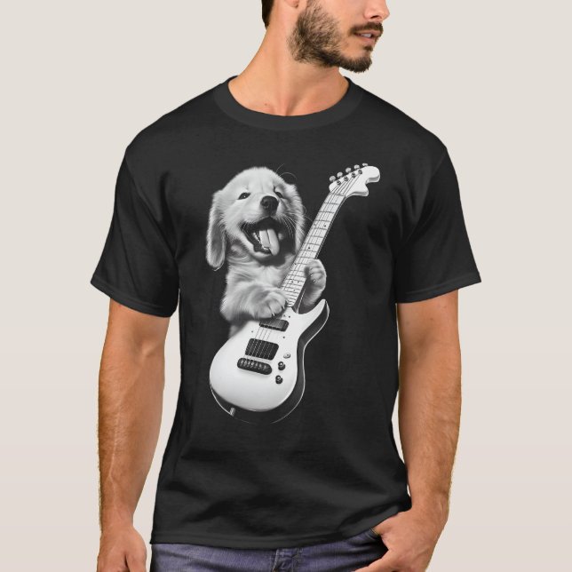 Golden Retriever Puppy Playing Guitar - Funny Guit T-Shirt (Front)