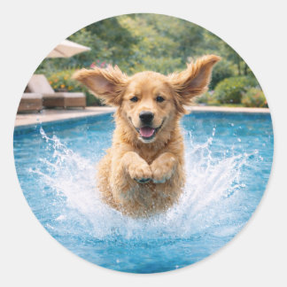 Golden Retriever Puppy Pool Plunge Classic Round Sticker