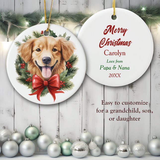 Golden Retriever Puppy Red Bow Wreath Christmas Ceramic Tree Decoration (Creator Uploaded)