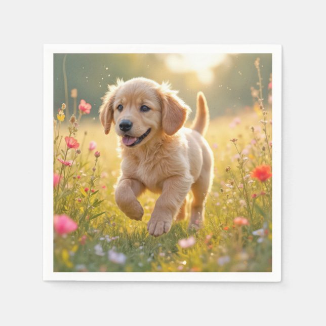 Golden Retriever Puppy Running In a Meadow Napkin (Front)