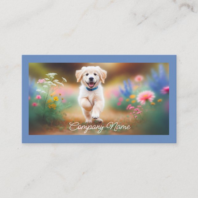 Golden Retriever Puppy Running in Flowers Business Card (Front)