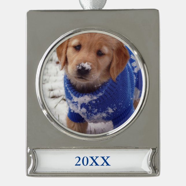 Golden Retriever Puppy Silver Plated Banner Ornament (Front)